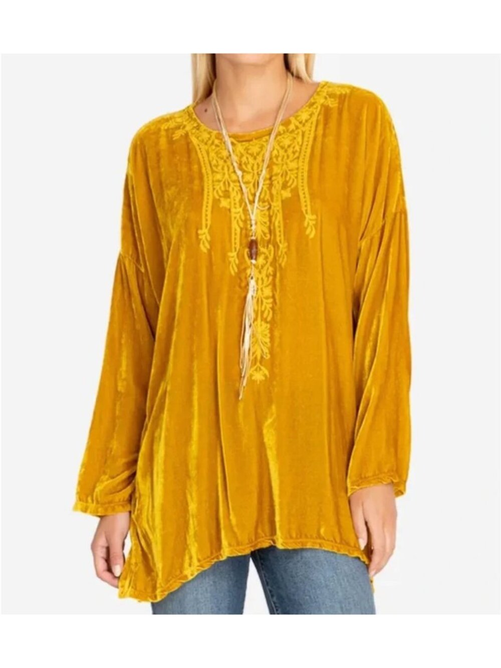 Johnny Was Antonella Mustard Gold Velvet Embroidered Tunic Blouse Top XS